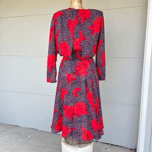 Vintage 1980s Funky, Fit and Flare, Bold Paisley Rose Print Maximalist Midi Dres - Picture 3 of 8